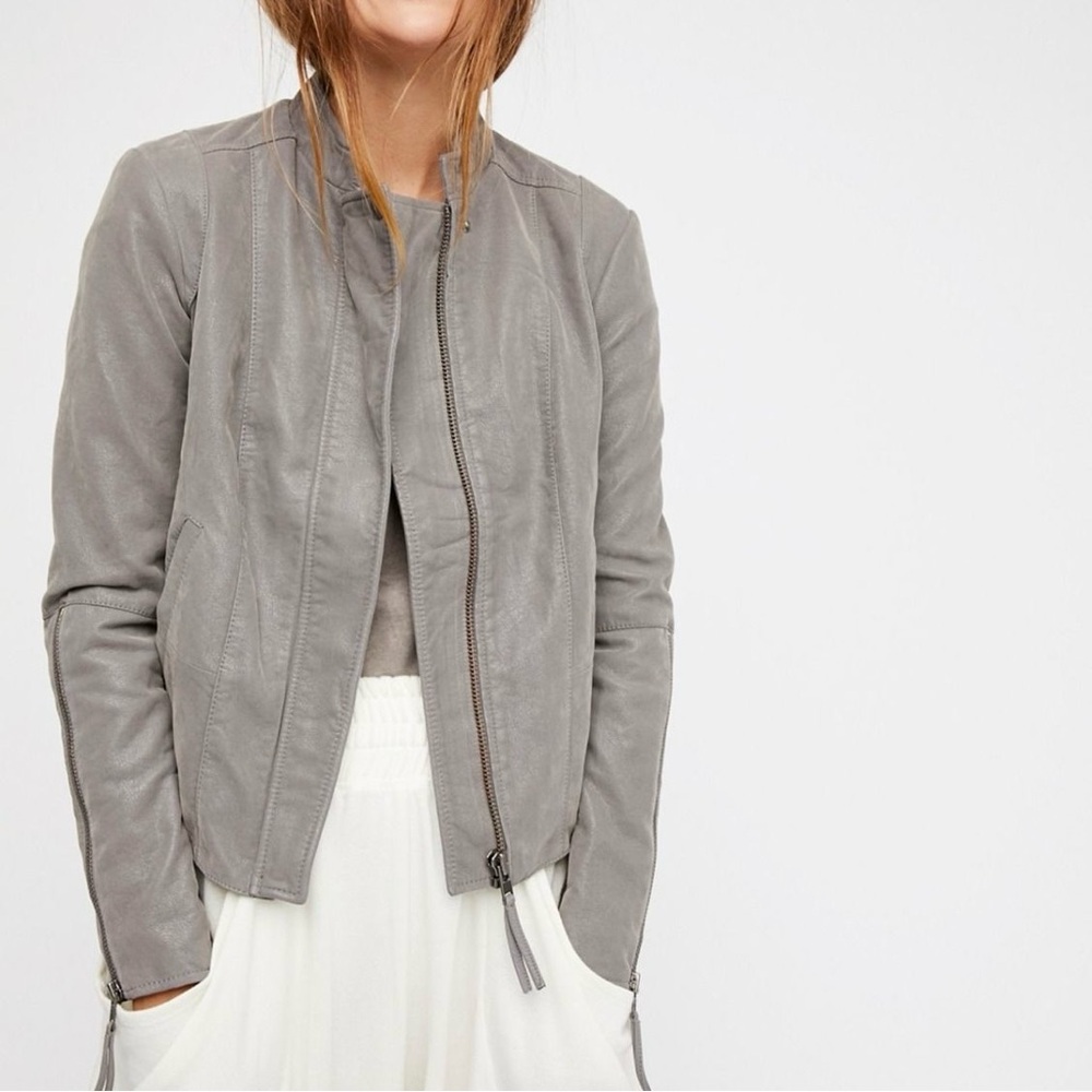 FREE PEOPLE Cool & Clean Faux-Leather Jacket Ribbed Knit Insets Zip Cuffs Size